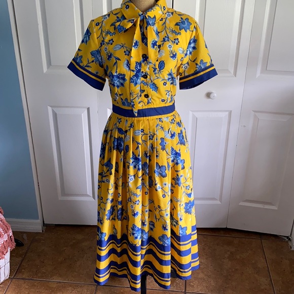 eshakti Dresses & Skirts - eShakti Yellow and Blue Floral Midi Dress